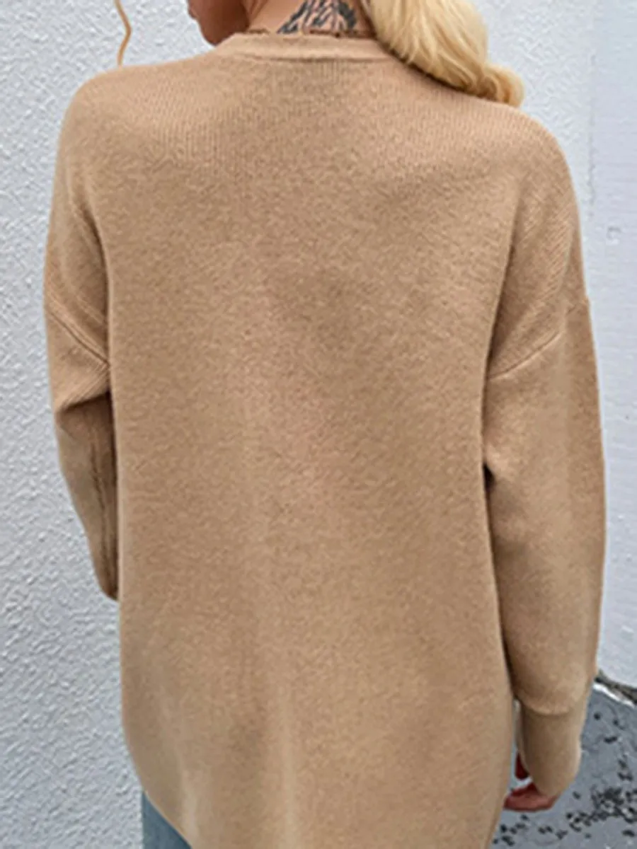 2021 Autumn and Winter New Sweater Women's Leisure Medium Knitted Cardigan Button Decor Open Front with Pocket