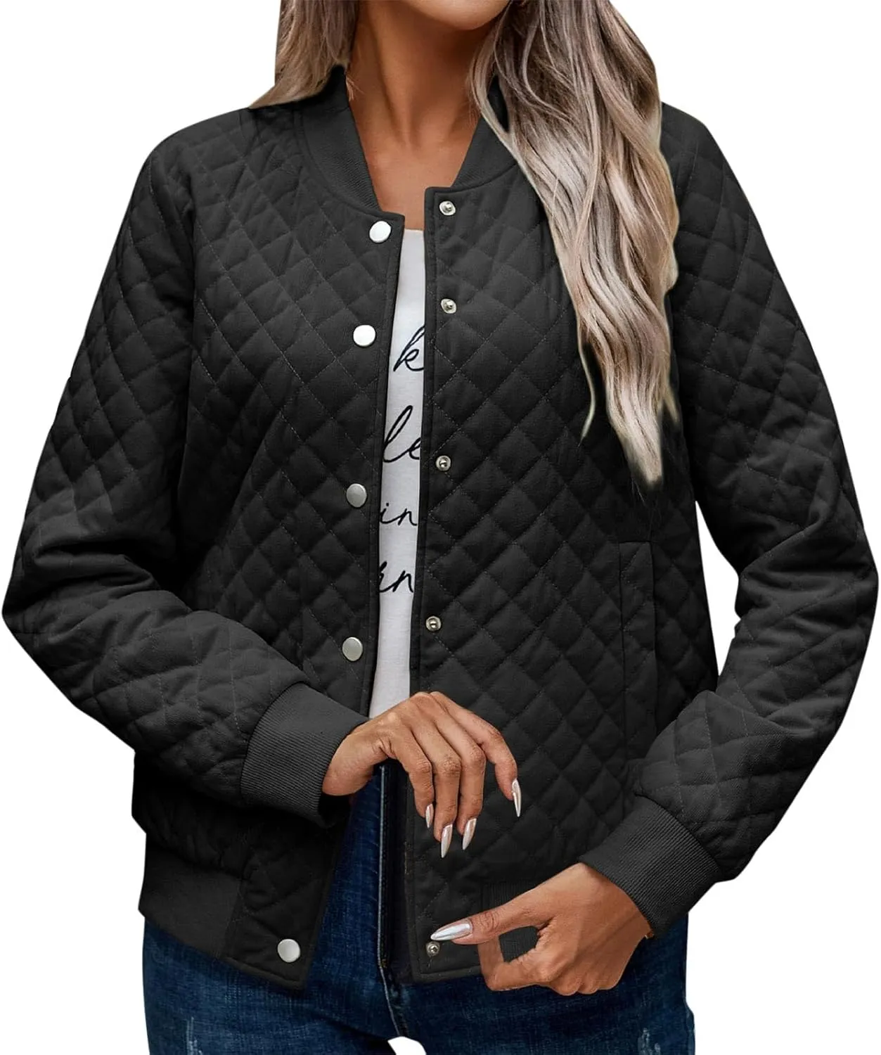 2023 Women's Bomber Jacket Winter Trendy Coats Casual Baseball Coat Button Up Outerwear Lightweight Windbreaker with Pockets