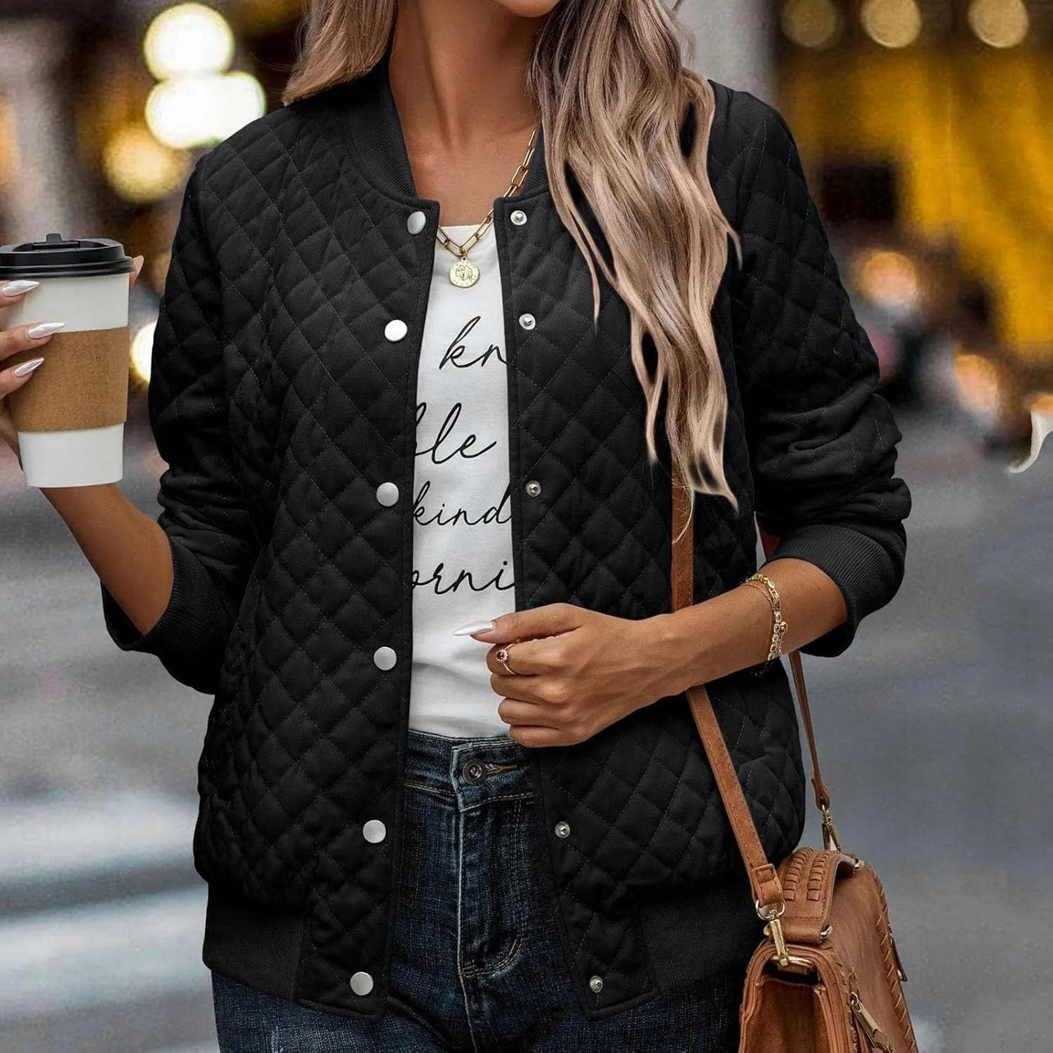2023 Women's Bomber Jacket Winter Trendy Coats Casual Baseball Coat Button Up Outerwear Lightweight Windbreaker with Pockets