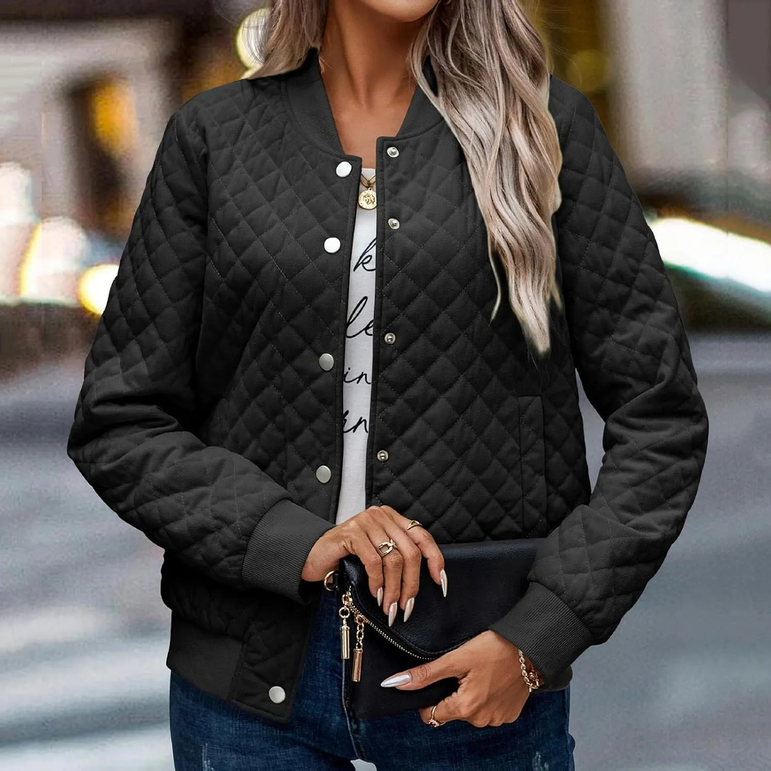 2023 Women's Bomber Jacket Winter Trendy Coats Casual Baseball Coat Button Up Outerwear Lightweight Windbreaker with Pockets