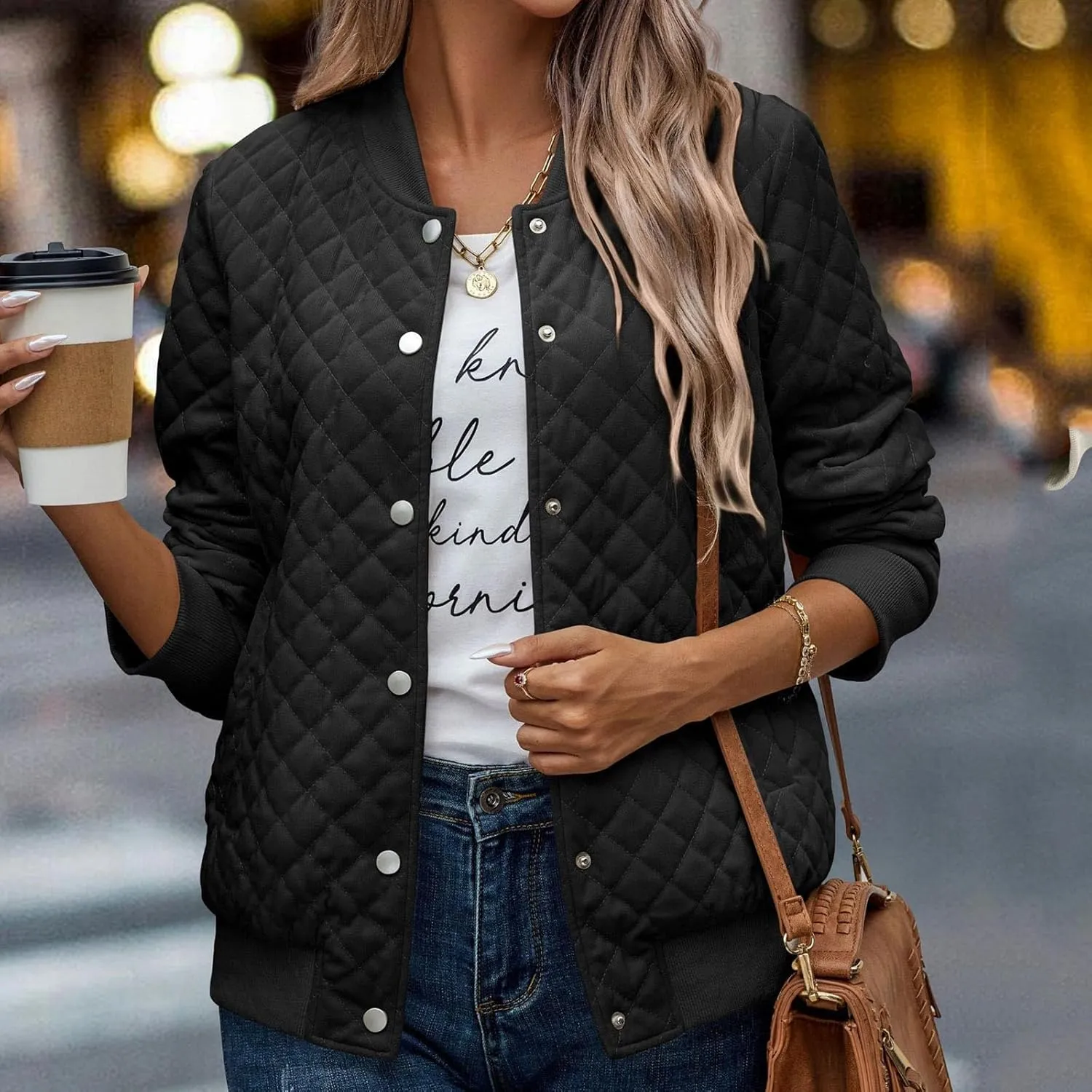 2023 Women's Bomber Jacket Winter Trendy Coats Casual Baseball Coat Button Up Outerwear Lightweight Windbreaker with Pockets
