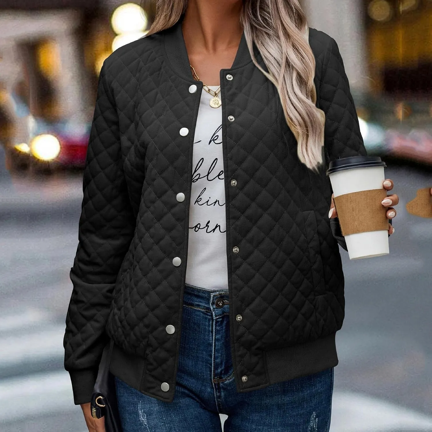 2023 Women's Bomber Jacket Winter Trendy Coats Casual Baseball Coat Button Up Outerwear Lightweight Windbreaker with Pockets