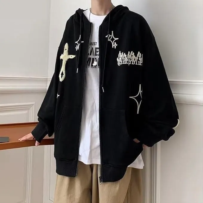 Aesthetic Y2K Korean Fashion Harajuku Cross Graphic Embroidery Zip up Fleece Hoodie For Mens