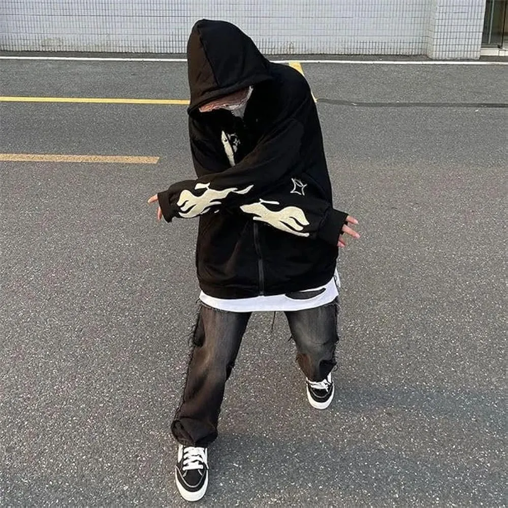 Aesthetic Y2K Korean Fashion Harajuku Cross Graphic Embroidery Zip up Fleece Hoodie For Mens