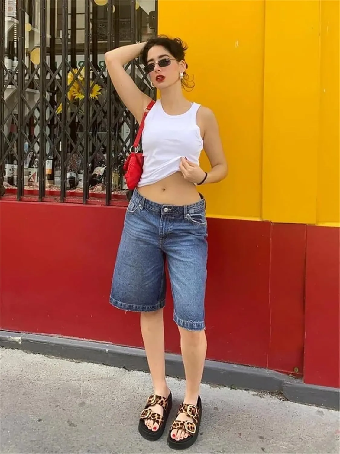 Alyweatry Y2k Loose Denim Bermuda Shorts for Women Low Rise Wide Leg Knee Length Oversized Fit Summer Jeans Shorts