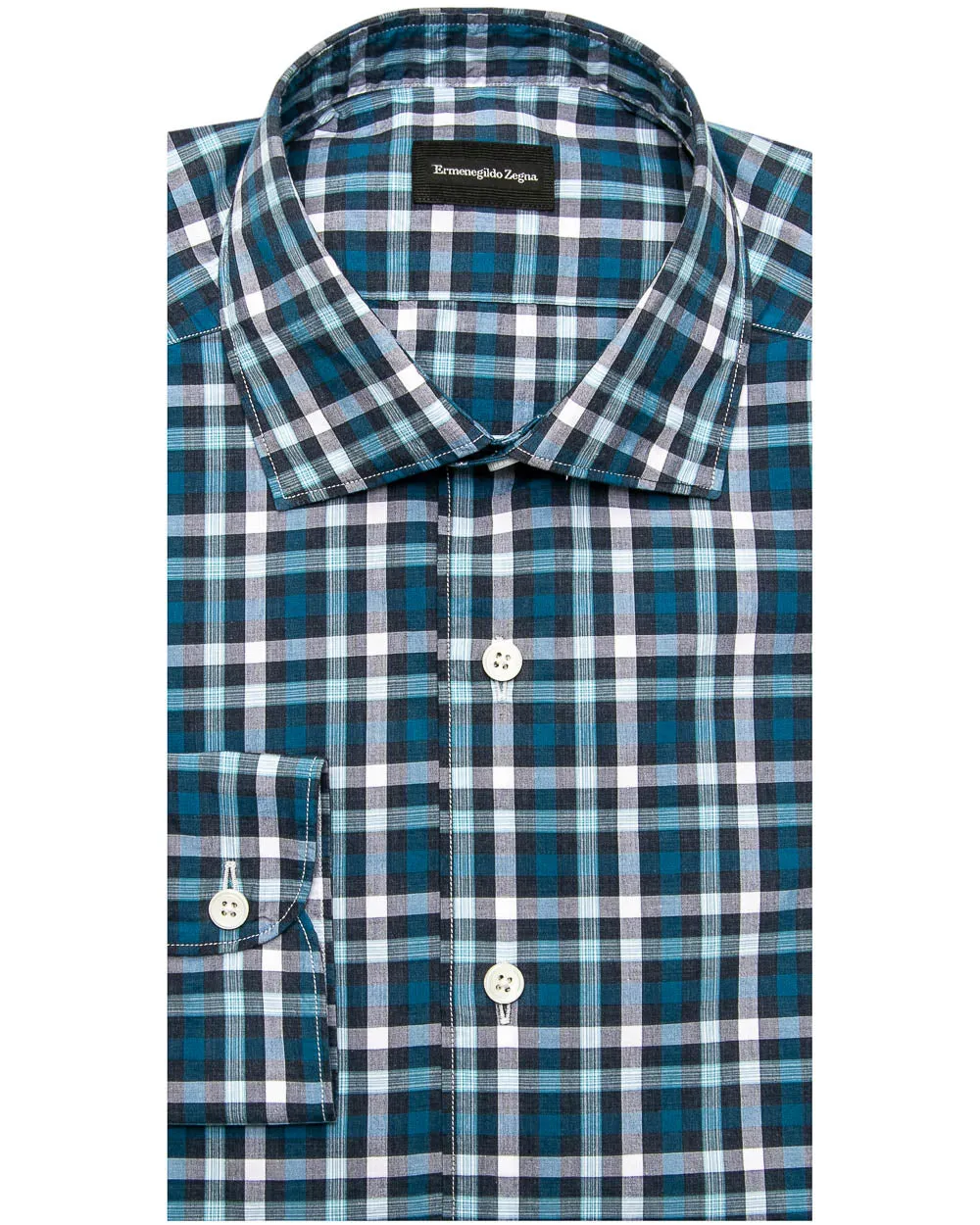 Aqua Navy and White Plaid Shirt