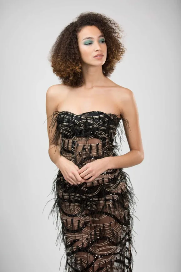 Black Gala Lace Feather Dress