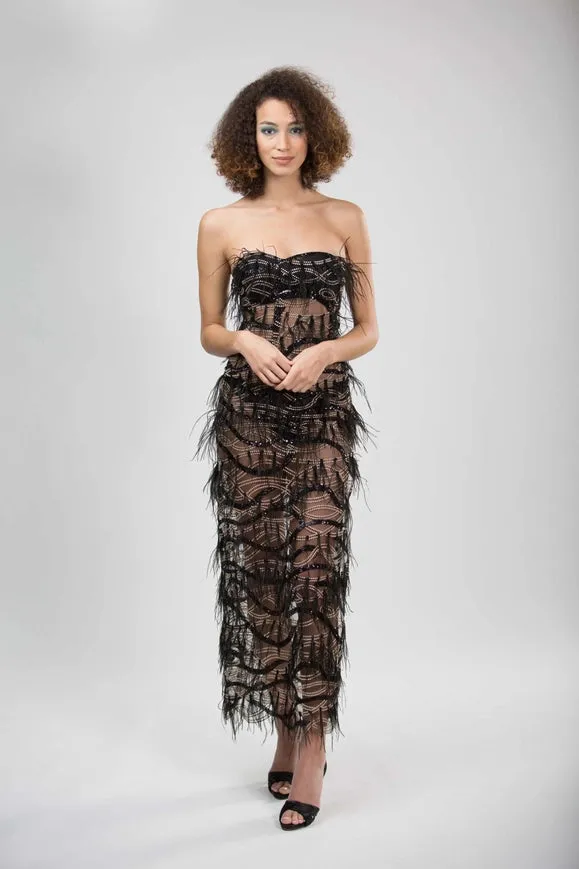 Black Gala Lace Feather Dress