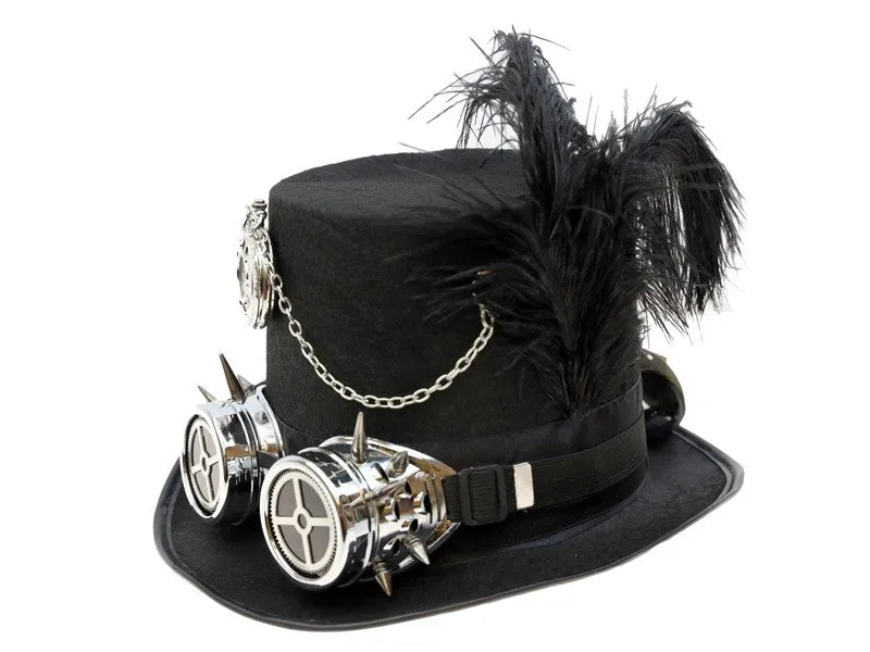 black hat with silver goggle and black feather
