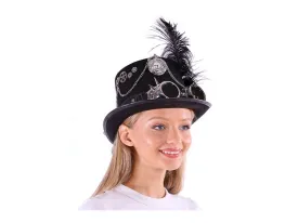 black hat with silver goggle and black feather