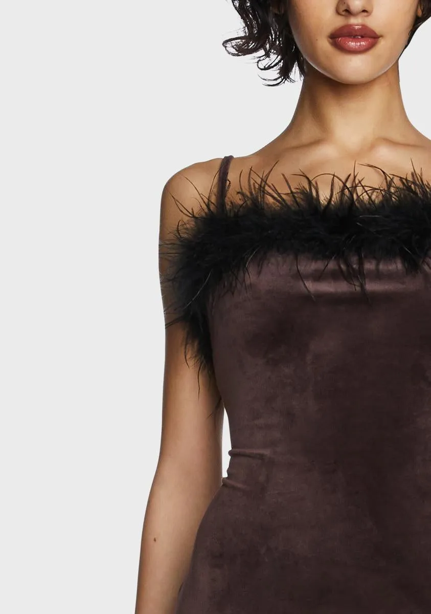 Brown Faux Fur Trim Mini Dress