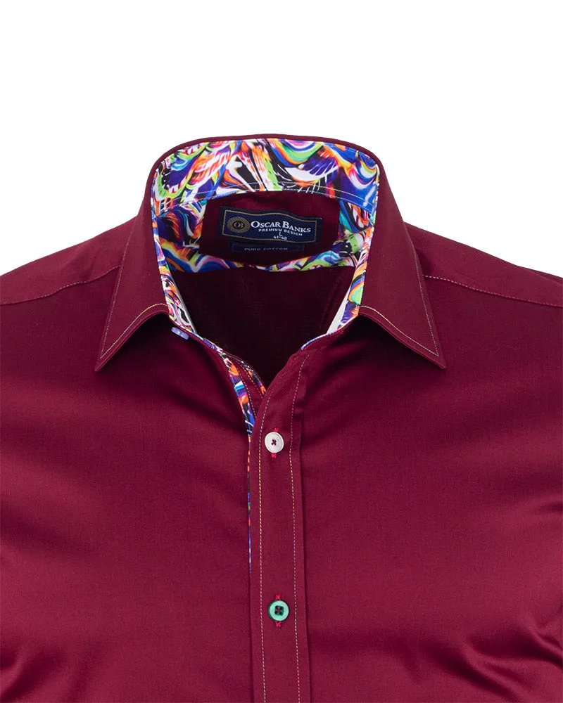 Burgundy Plain Colourful Stitching & Button Pure Cotton Shirt