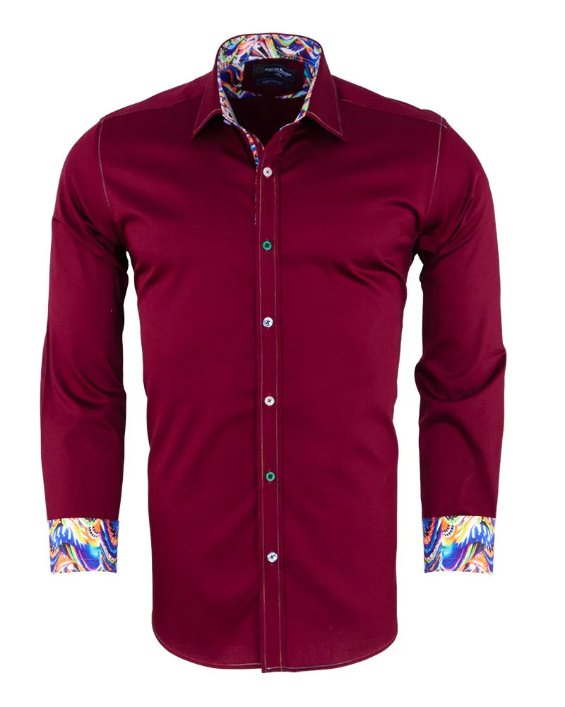 Burgundy Plain Colourful Stitching & Button Pure Cotton Shirt