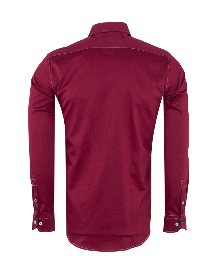 Burgundy Plain Colourful Stitching & Button Pure Cotton Shirt