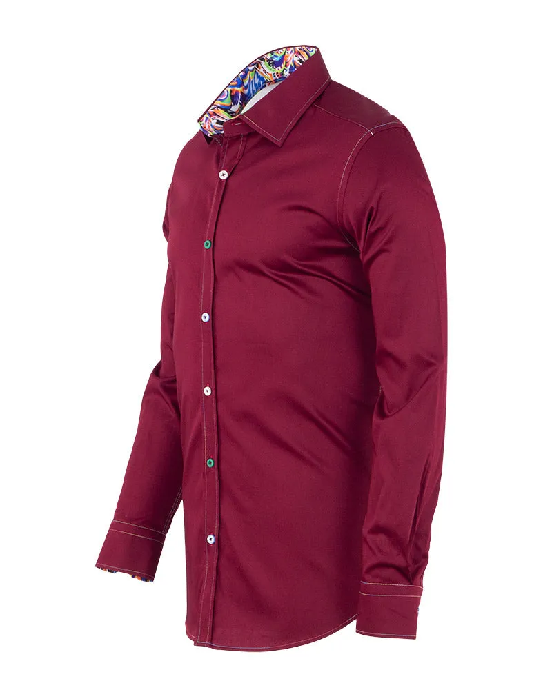 Burgundy Plain Colourful Stitching & Button Pure Cotton Shirt