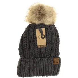 Charcoal Lined Cable Pom Beanie
