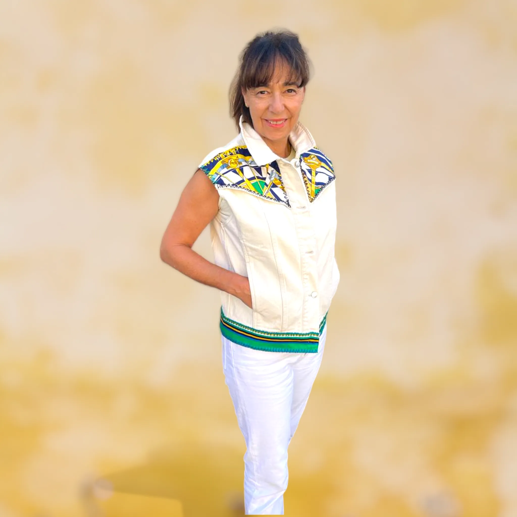 Cream Sleeveless Denim Jacket