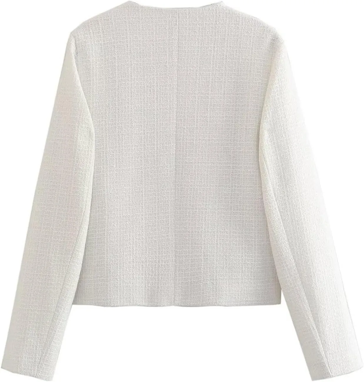 Crop Tweed Blazer Jacket for Women Collarless Open Front Button Business Work Casual Cropped Jacket Coat with Pockets
