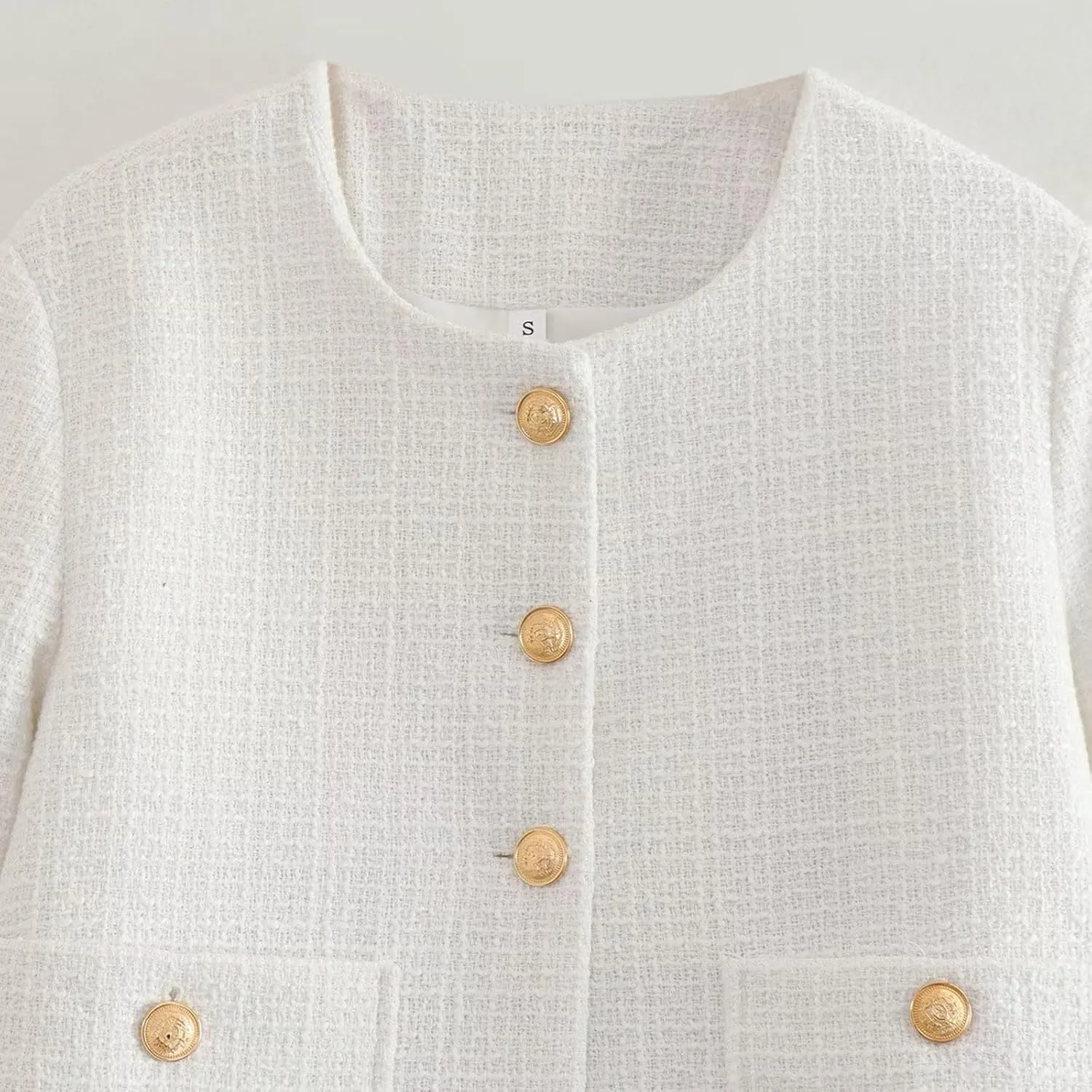 Crop Tweed Blazer Jacket for Women Collarless Open Front Button Business Work Casual Cropped Jacket Coat with Pockets