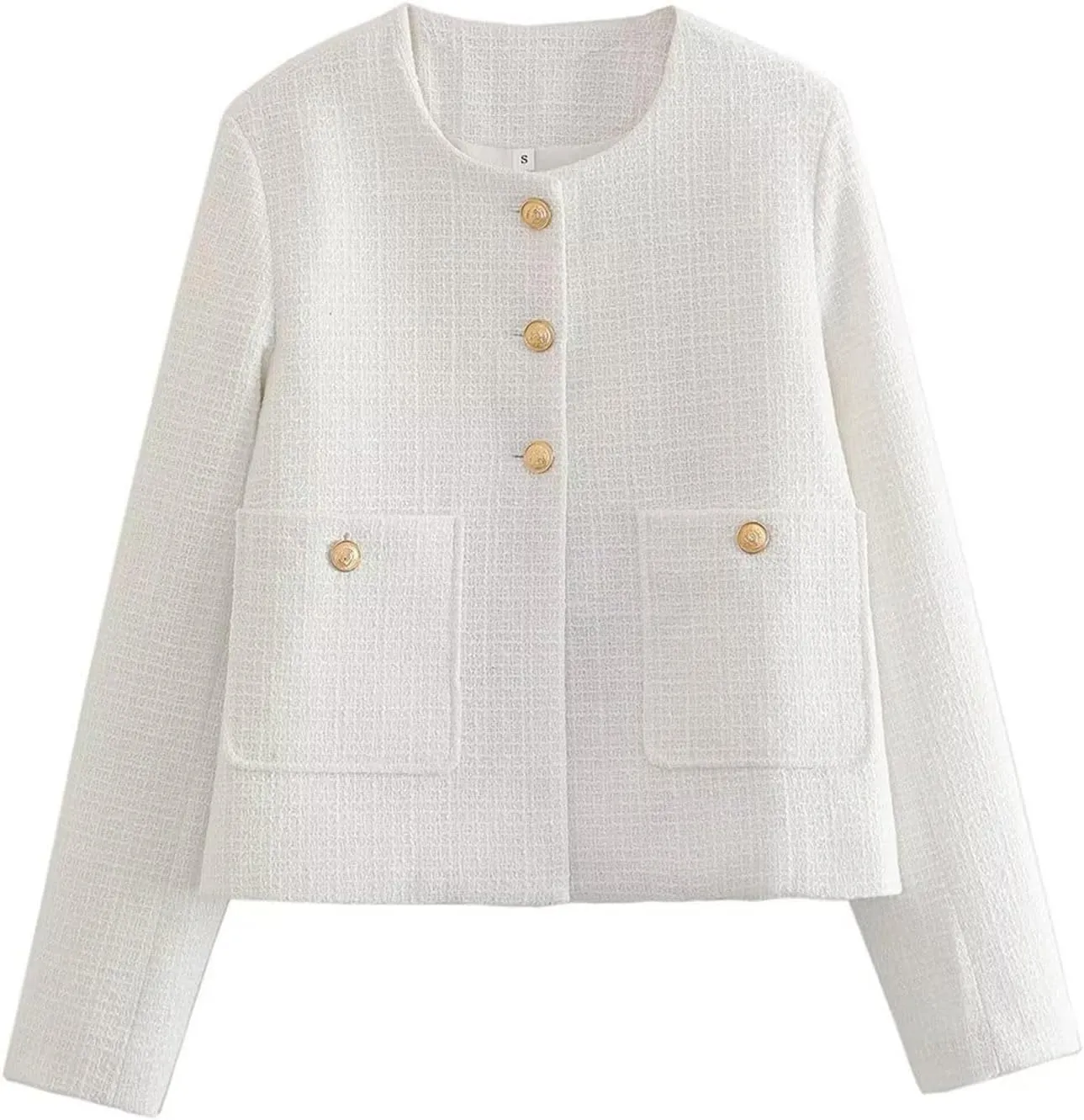 Crop Tweed Blazer Jacket for Women Collarless Open Front Button Business Work Casual Cropped Jacket Coat with Pockets