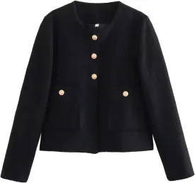 Crop Tweed Blazer Jacket for Women Collarless Open Front Button Business Work Casual Cropped Jacket Coat with Pockets