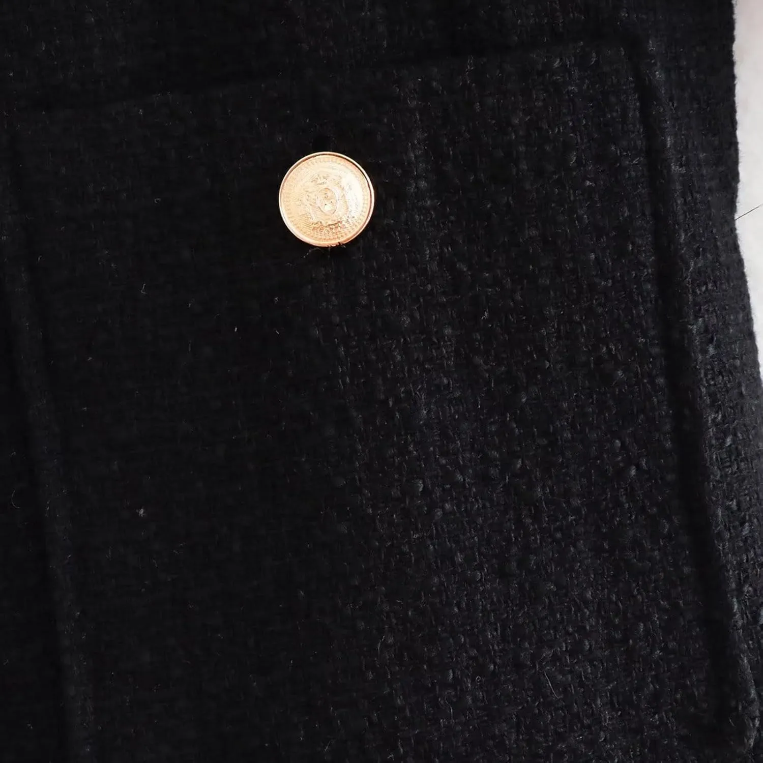 Crop Tweed Blazer Jacket for Women Collarless Open Front Button Business Work Casual Cropped Jacket Coat with Pockets