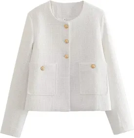 Crop Tweed Blazer Jacket for Women Collarless Open Front Button Business Work Casual Cropped Jacket Coat with Pockets