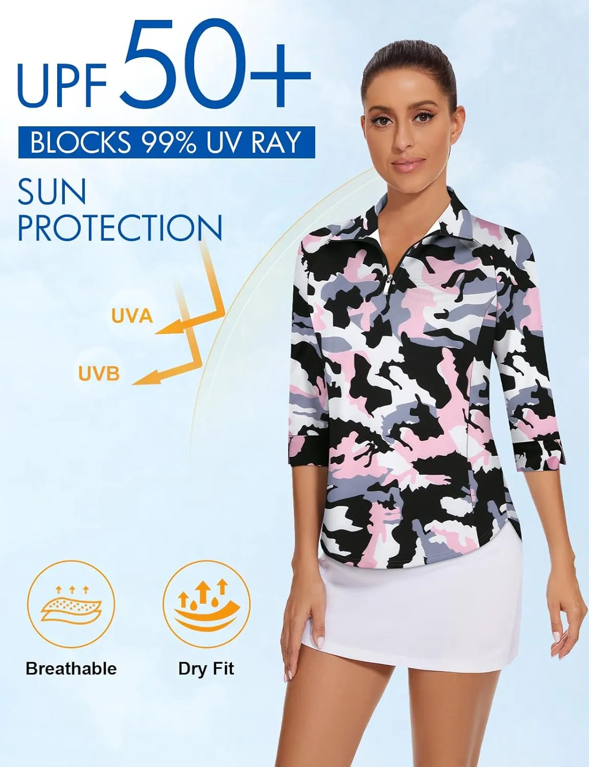 Cucuchy Style Womens Golf Shirt 3/4 Sleeve Quarter Zip Workout Tennis Tops Quick Dry UPF 50  Shirts