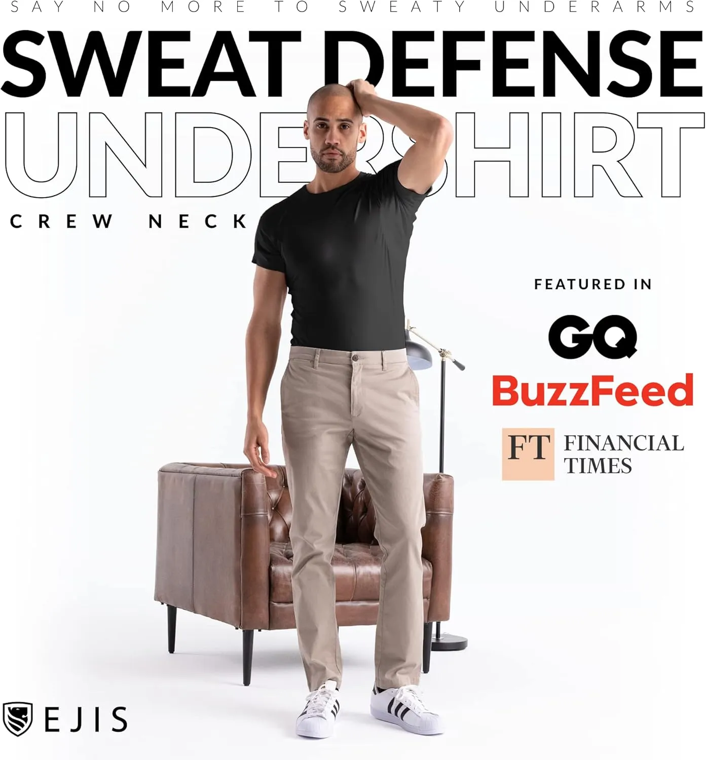 Ejis Sweatproof Undershirt Mens Modal Crew w Sweat Pads, Silver Treated to Fight Embarrassing Odor, Aluminum Free Alternative