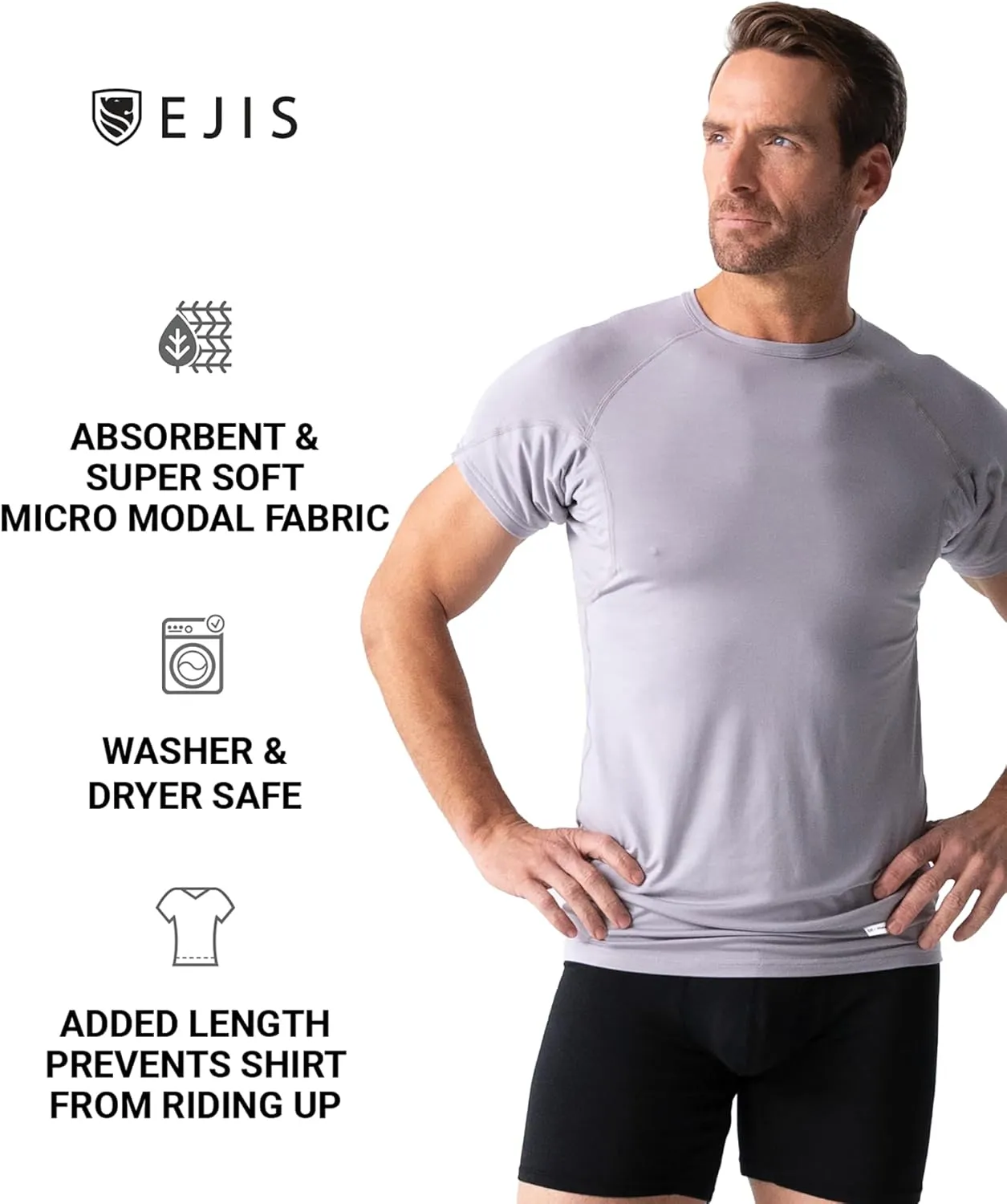 Ejis Sweatproof Undershirt Mens Modal Crew w Sweat Pads, Silver Treated to Fight Embarrassing Odor, Aluminum Free Alternative
