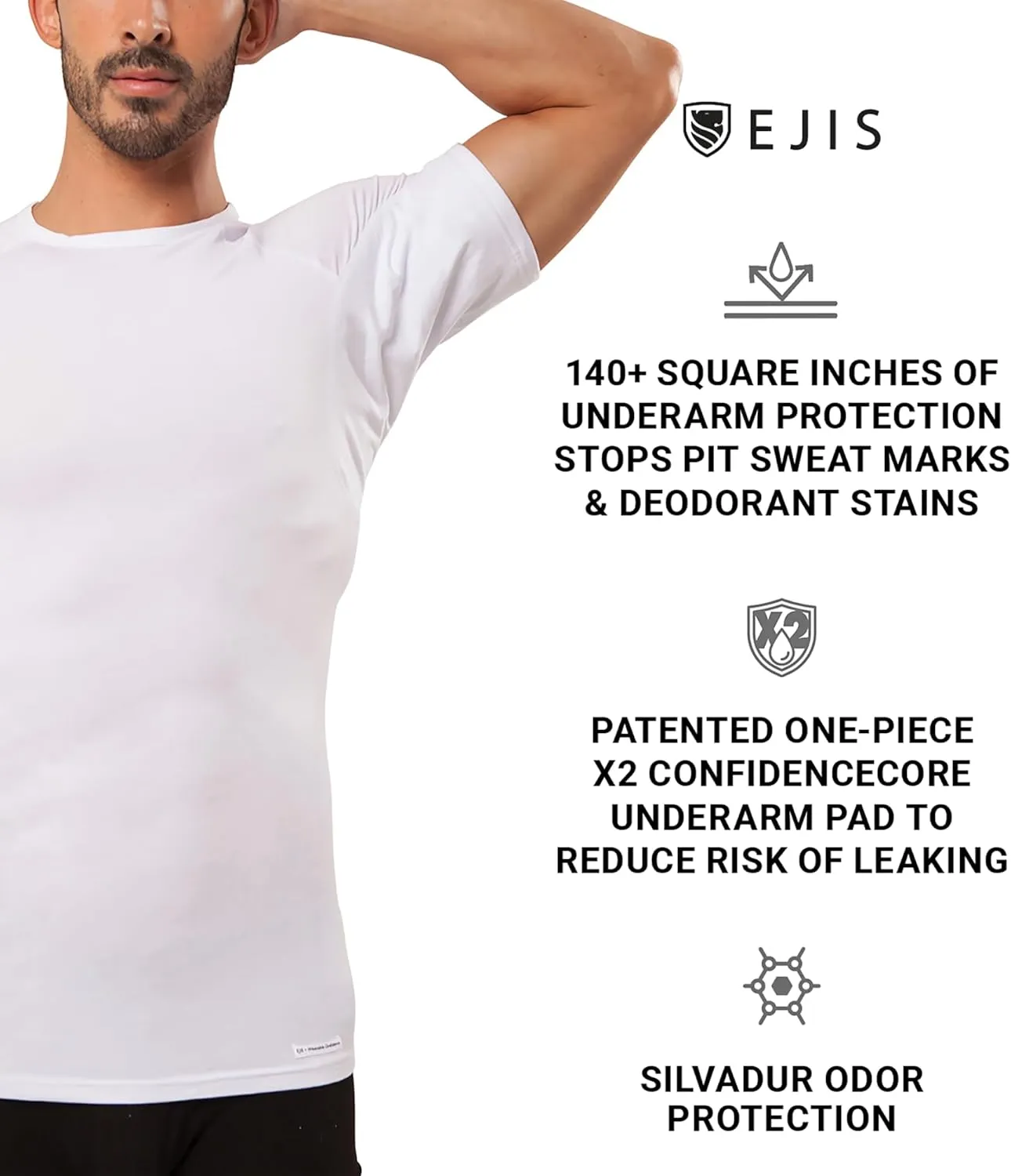 Ejis Sweatproof Undershirt Mens Modal Crew w Sweat Pads, Silver Treated to Fight Embarrassing Odor, Aluminum Free Alternative