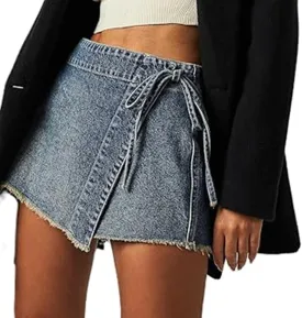 Faretumiya Women Denim Shorts Skorts Asymmetrical Adjustable Drawstring Tie Side Jean Skirt Skort Y2k Going Out Shorts