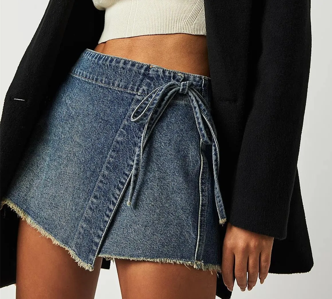 Faretumiya Women Denim Shorts Skorts Asymmetrical Adjustable Drawstring Tie Side Jean Skirt Skort Y2k Going Out Shorts