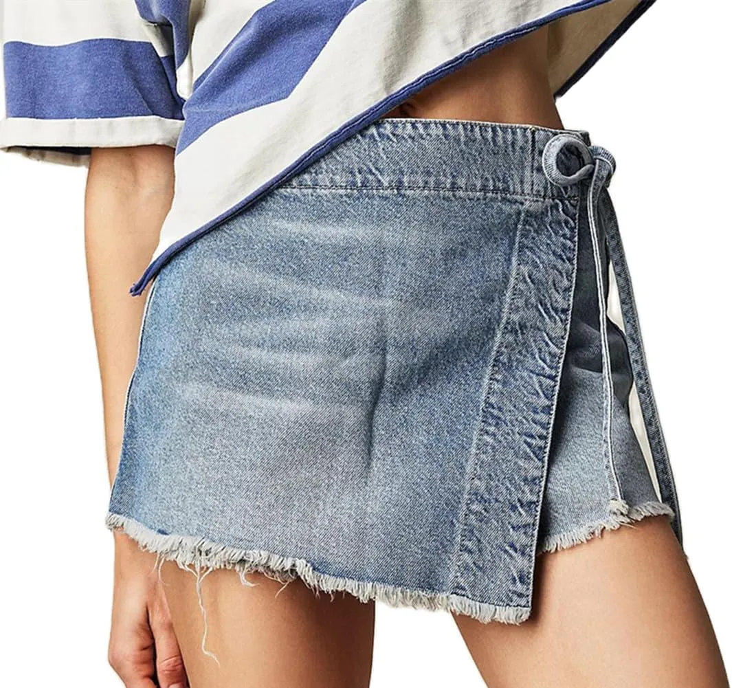 Faretumiya Women Denim Shorts Skorts Asymmetrical Adjustable Drawstring Tie Side Jean Skirt Skort Y2k Going Out Shorts