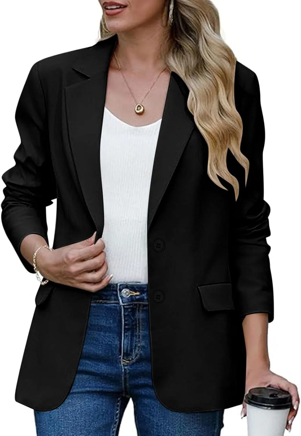 Firzero Women Blazer Black Business Casual Fall Office Suits Fashion 2024 Trendy Padded Shoulder Jacket