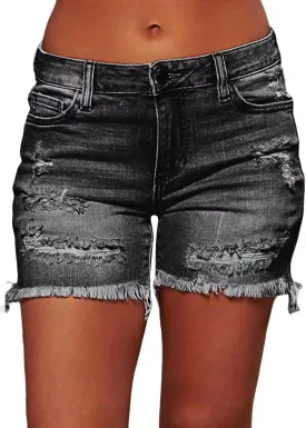 Flamingals Ripped Stretchy Jean Shorts for Women Raw Hem Mid Waist Casual Trendy Denim Shorts