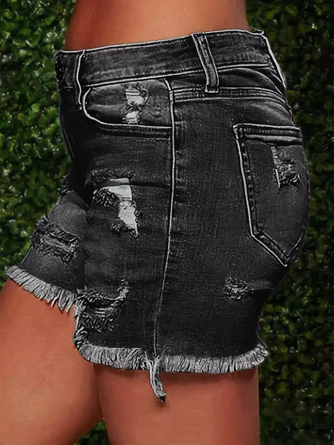 Flamingals Ripped Stretchy Jean Shorts for Women Raw Hem Mid Waist Casual Trendy Denim Shorts