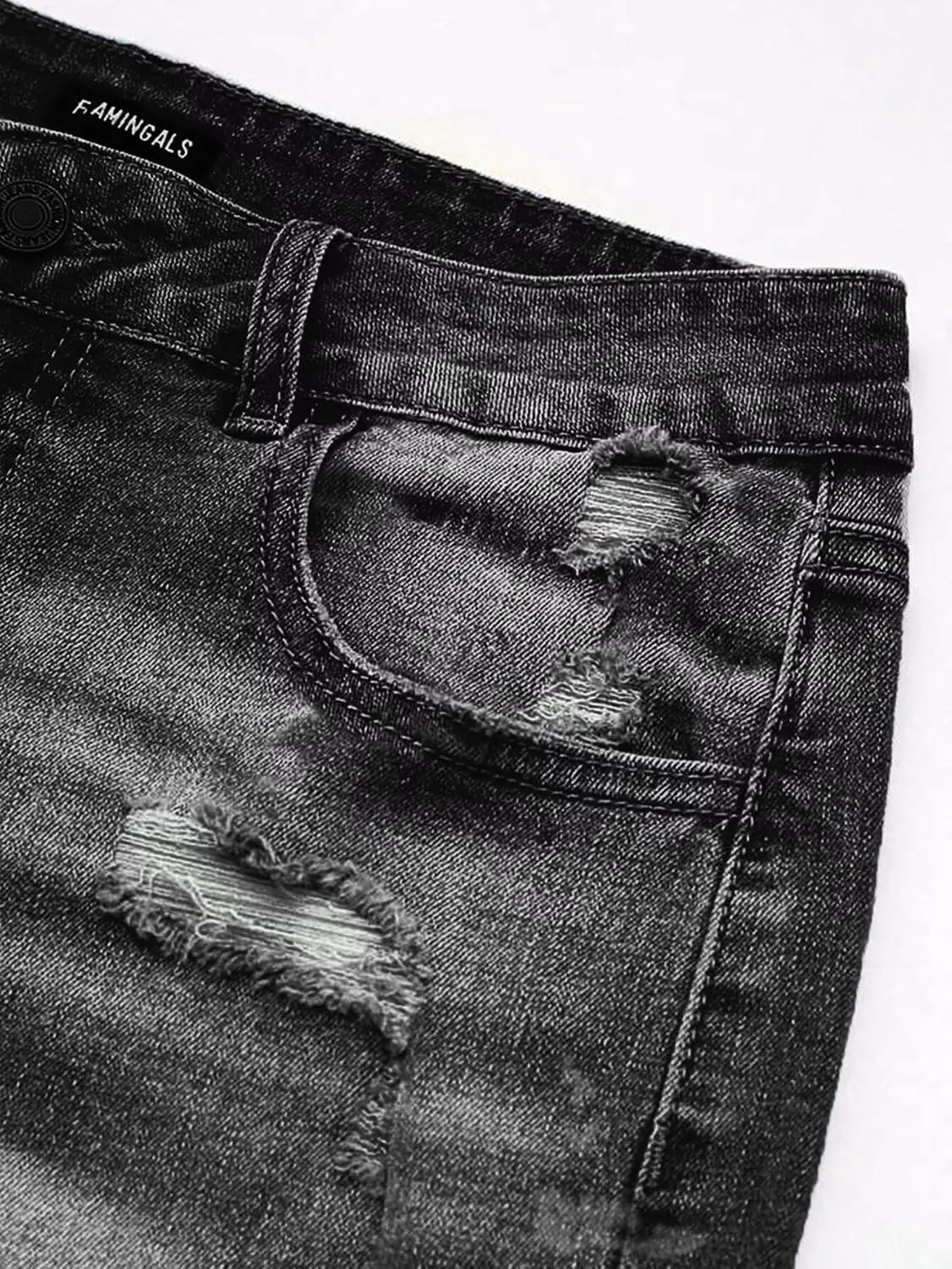 Flamingals Ripped Stretchy Jean Shorts for Women Raw Hem Mid Waist Casual Trendy Denim Shorts
