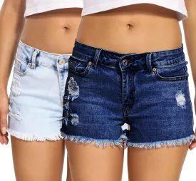 Foucome Women's Denim Shorts Summer Casual Low Waisted Frayed Raw Hem Ripped Denim Jean Shorts