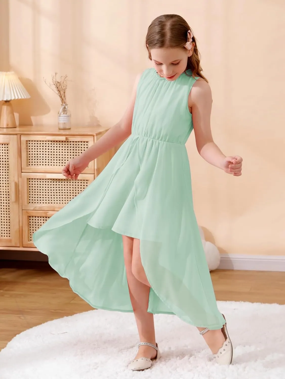 GORLYA Girls Sleeveless Ruffle Neck Hi-Lo Hem Overlay Formal Occasin Chiffon Long Party Dress 4-14T
