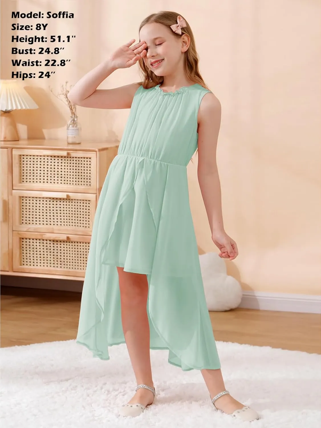 GORLYA Girls Sleeveless Ruffle Neck Hi-Lo Hem Overlay Formal Occasin Chiffon Long Party Dress 4-14T