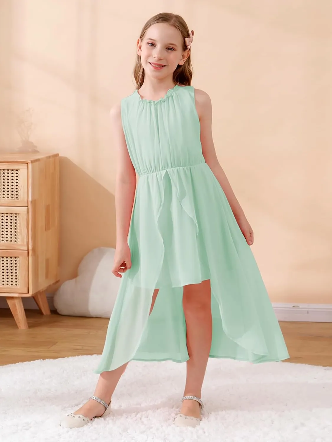 GORLYA Girls Sleeveless Ruffle Neck Hi-Lo Hem Overlay Formal Occasin Chiffon Long Party Dress 4-14T