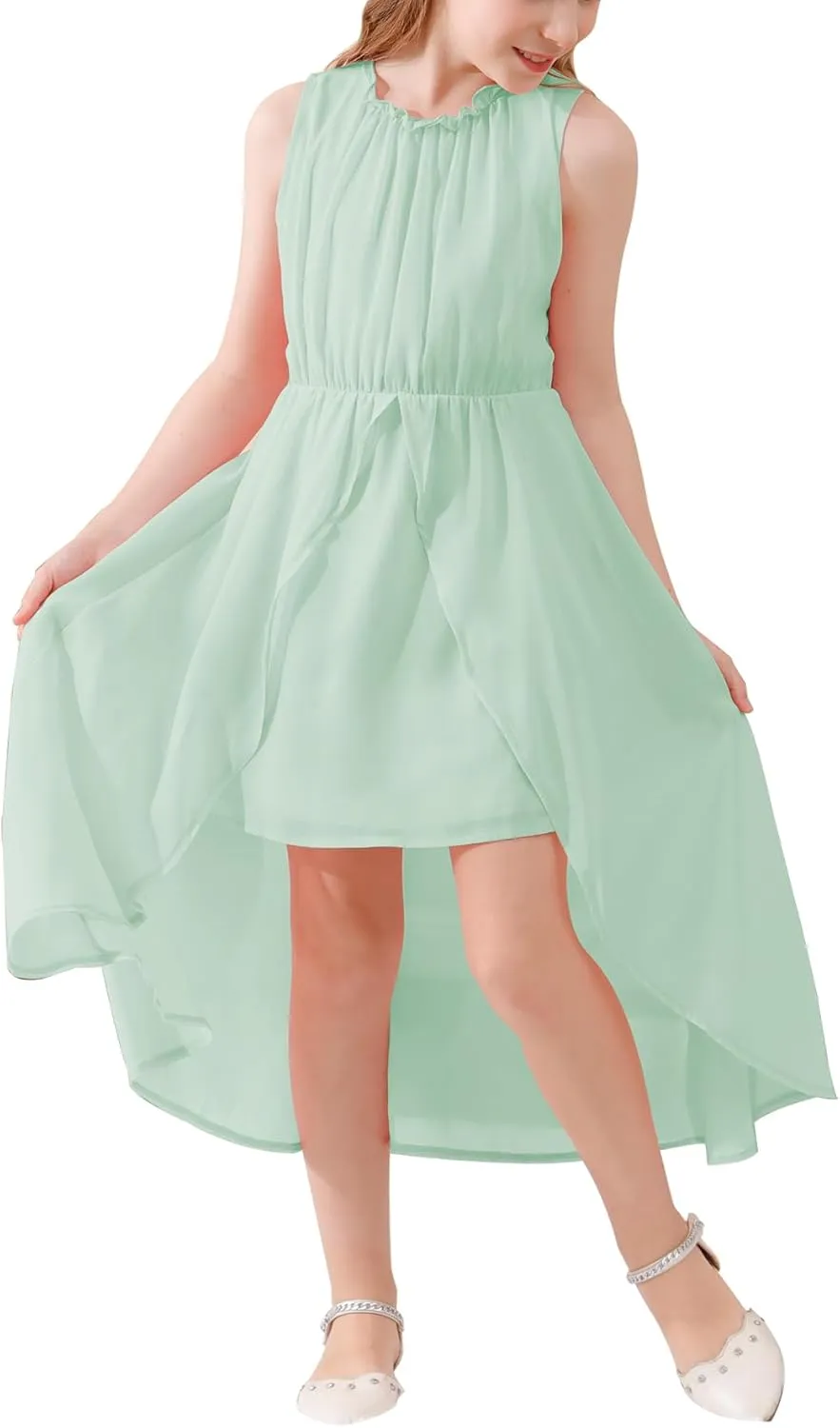 GORLYA Girls Sleeveless Ruffle Neck Hi-Lo Hem Overlay Formal Occasin Chiffon Long Party Dress 4-14T