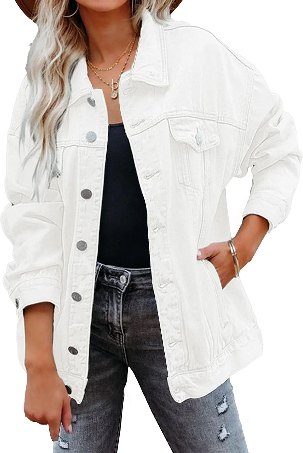 Gozoloma Women's Casual Loose Oversized Denim Jacket Long Sleeved Button Jean Jacket Coat Tops