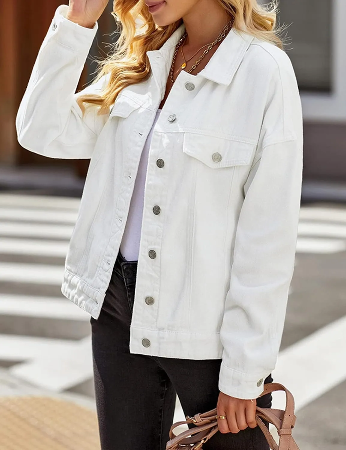 Gozoloma Women's Casual Loose Oversized Denim Jacket Long Sleeved Button Jean Jacket Coat Tops