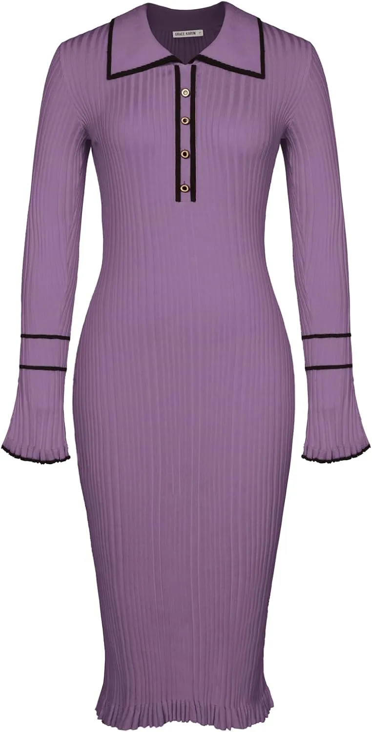 GRACE KARIN Women's 2024 Long Sleeve Sweater Dress Button Knit Slim Fit Casual V Neck Elegant Bodycon Midi Dresses