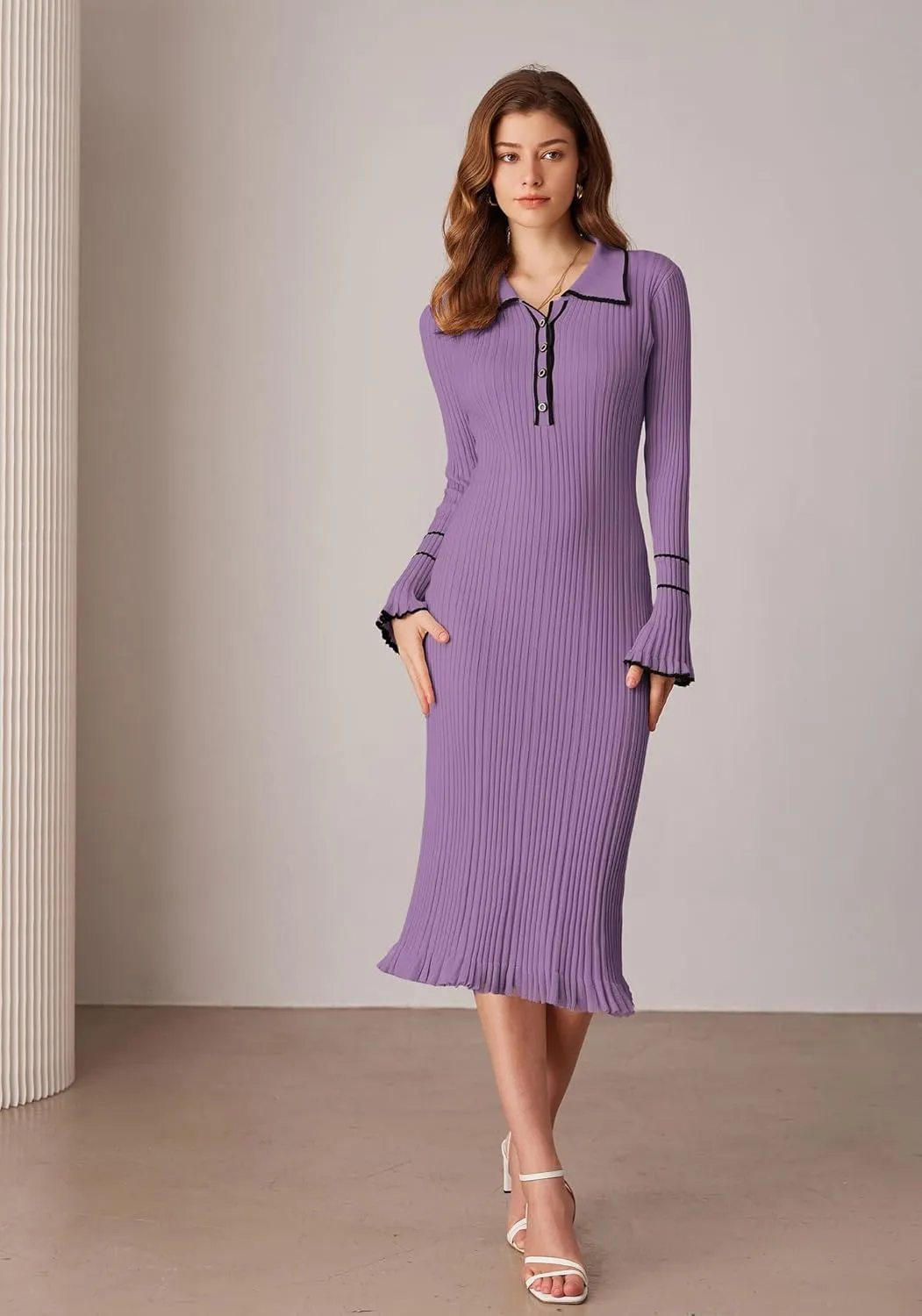 GRACE KARIN Women's 2024 Long Sleeve Sweater Dress Button Knit Slim Fit Casual V Neck Elegant Bodycon Midi Dresses