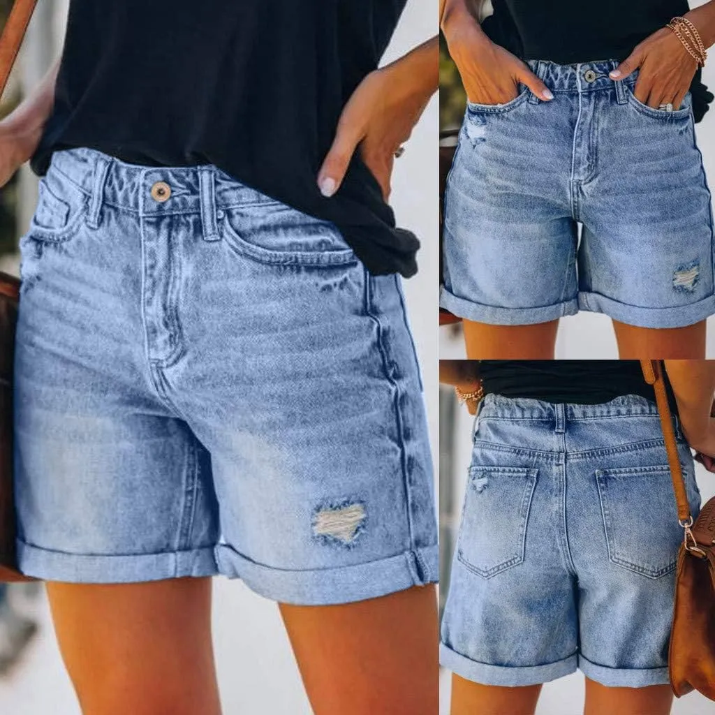 Jean Shorts Womens Casual Trendy Mid High Waisted Ripped Denim Shorts Jeans Stretchy Cuffed Hem Hot Short Y2k Jorts