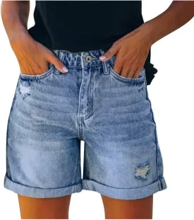 Jean Shorts Womens Casual Trendy Mid High Waisted Ripped Denim Shorts Jeans Stretchy Cuffed Hem Hot Short Y2k Jorts