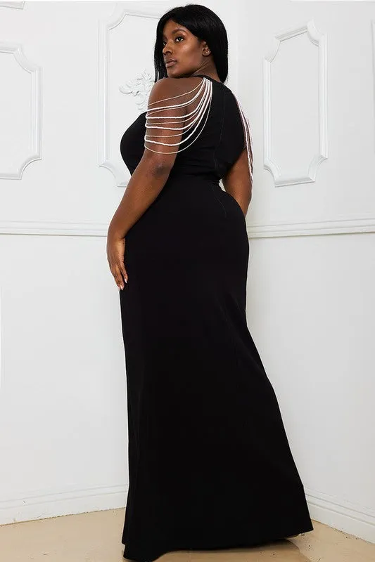 LAYER RHINESTONE/PEARL CHAIN SHOULDER PLUS MAXI DRESS